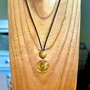 Leaf gem and wooden bead necklace / nature jewelry